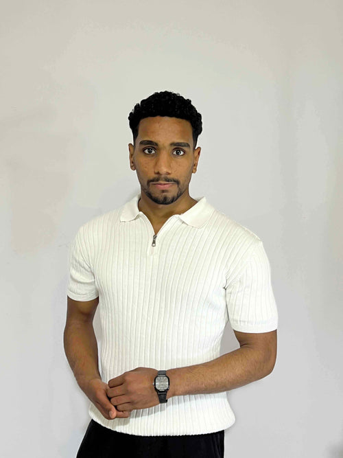 Ribbed Short-Sleeve Zip Polo