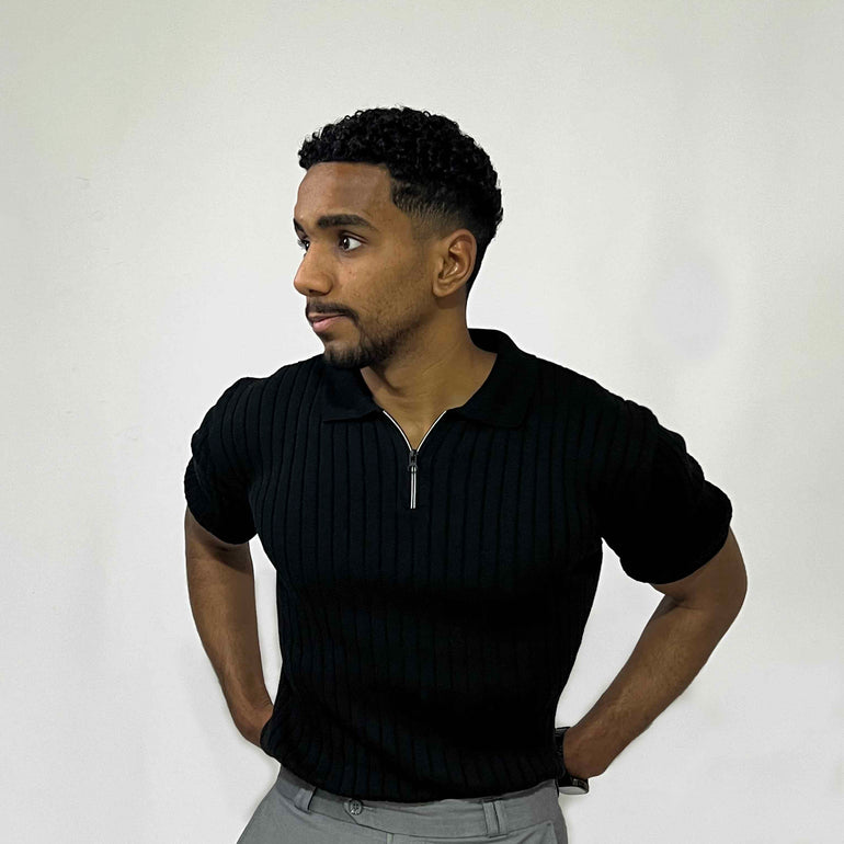 Ribbed Short-Sleeve Zip Polo