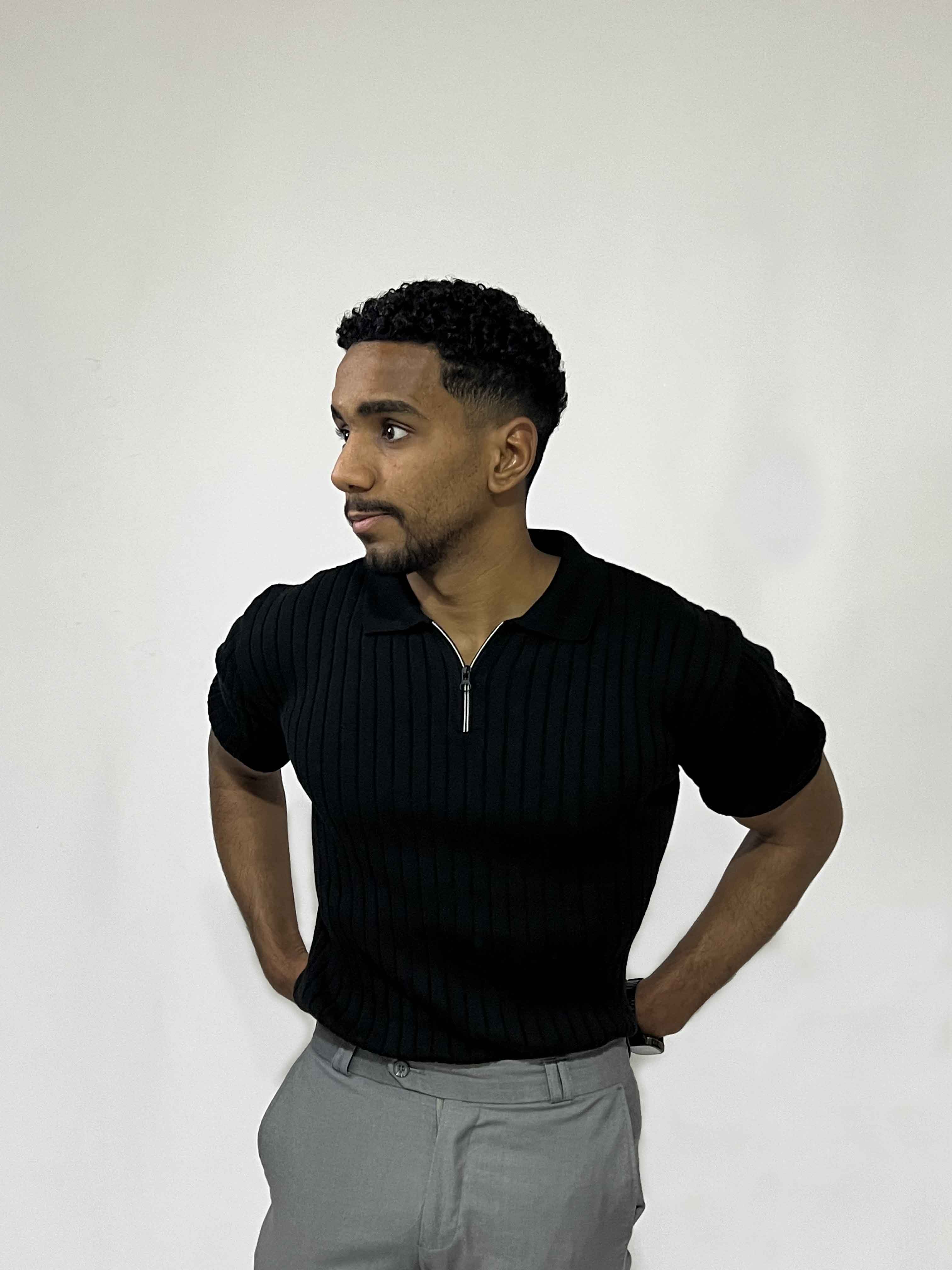 Ribbed Short-Sleeve Zip Polo