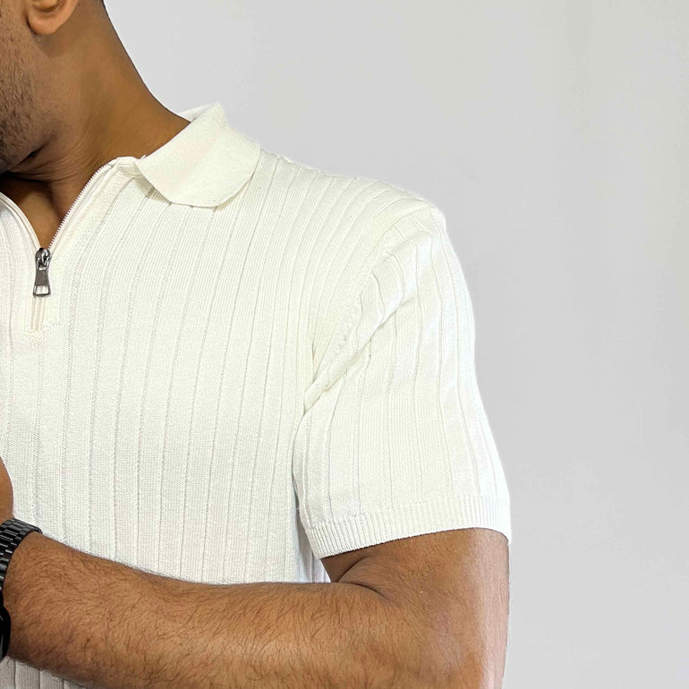Ribbed Short-Sleeve Zip Polo