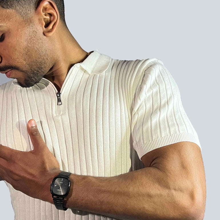 Ribbed Short-Sleeve Zip Polo