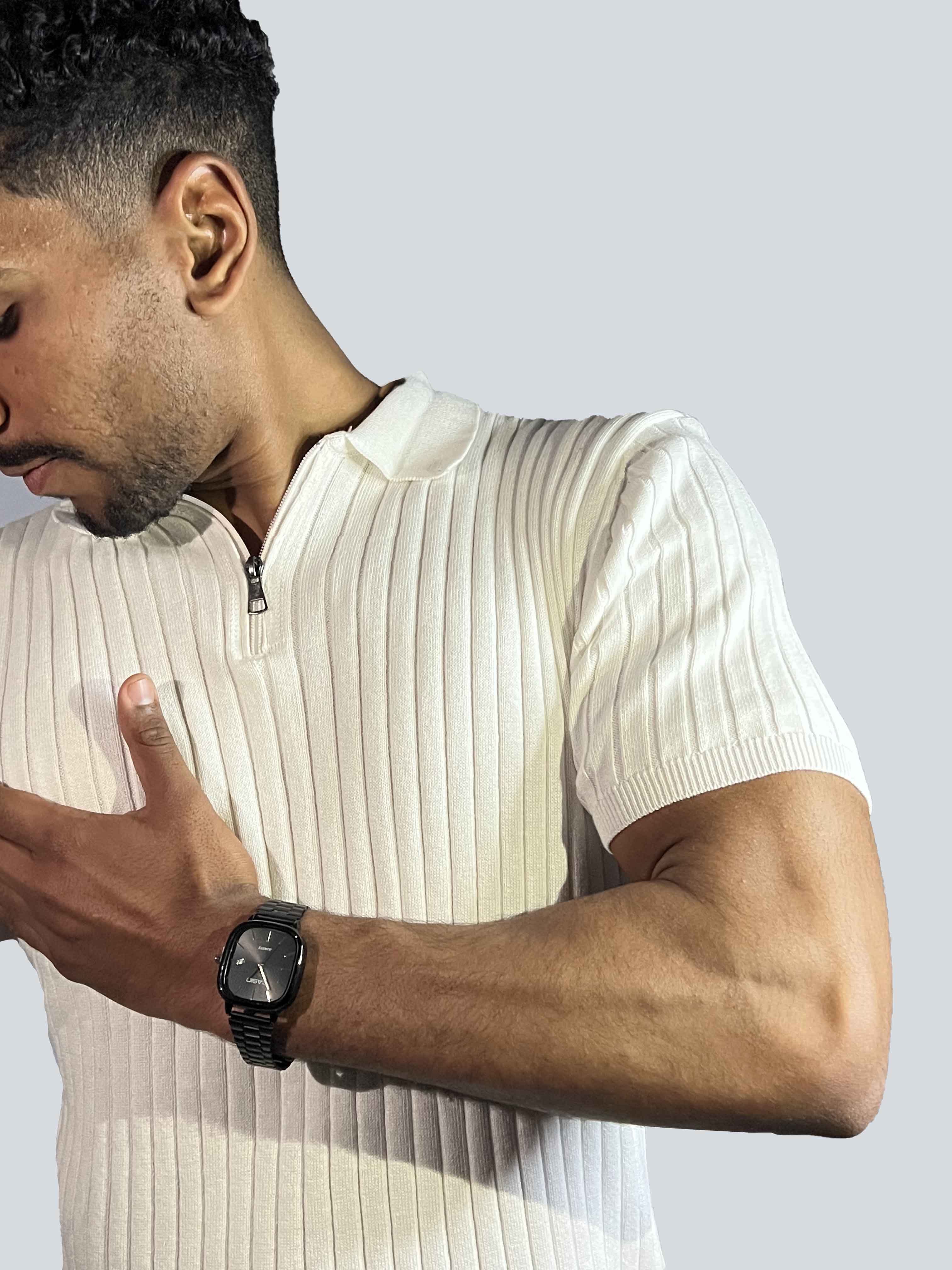 Ribbed Short-Sleeve Zip Polo